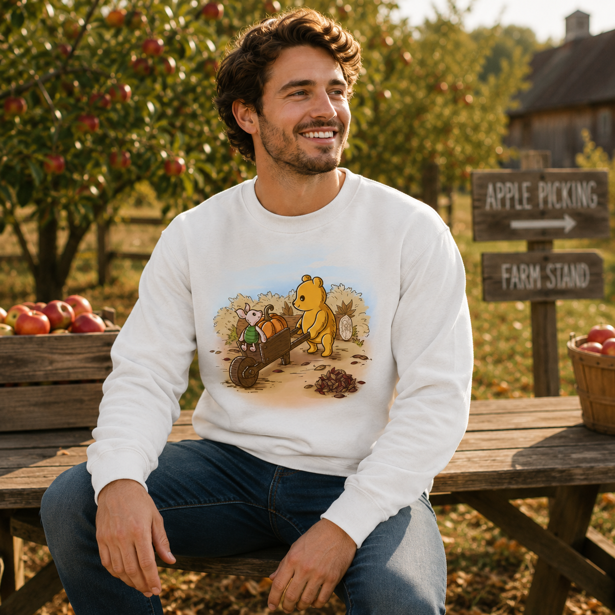 Crew Neck Sweatshirt_TeeTurtle white A Perfect Autumn Day Crew Neck Sweatshirt featuring a bear pulling a wagon filled with pumpkins while a little mouse rides along, surrounded by autumn bushes, fallen leaves, and tree stumps on a crisp fall day.