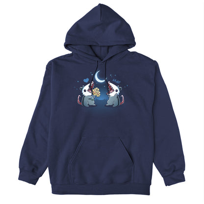 Pullover Hoodie_TeeTurtle navy blue AAAH Love You apparel featuring two an opossum handing flowers to another opossum exclaiming, "AAAH!" under a moonlit sky.