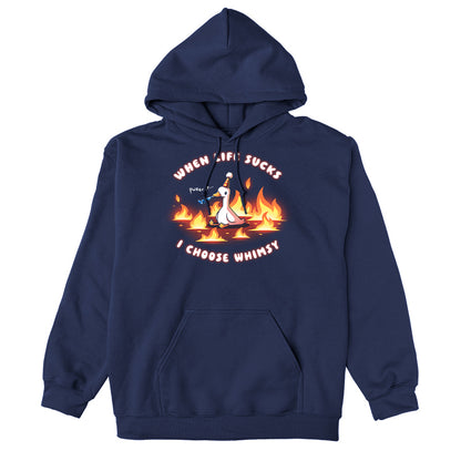 Pullover Hoodie_TeeTurtle navy When Life Sucks I Choose Whimsy Pullover Hoodie featuring a goose with a party hat and a noisemaker sitting surrounded by fire. The text reads "When Life Sucks I choose Whimsy" with "pweeeet" as the sound of the noisemaker. 
