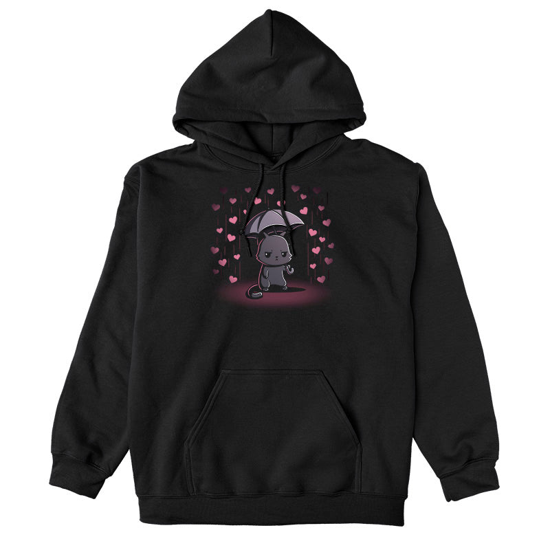 Pullover Hoodie_TeeTurtle black Feeling Forecast Nope Pullover Hoodie featuring a cat frowning and holding an umbrella, in the background there is pink rain with hearts.