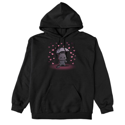 Pullover Hoodie_TeeTurtle black Feeling Forecast Nope Pullover Hoodie featuring a cat frowning and holding an umbrella, in the background there is pink rain with hearts.