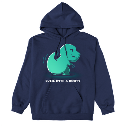Pullover Hoodie_TeeTurtle navy Cutie With a Booty Pullover Hoodie featuring a happy green t-rex dinosaur wiggling its booty along with the text "Cutie With a Booty" 