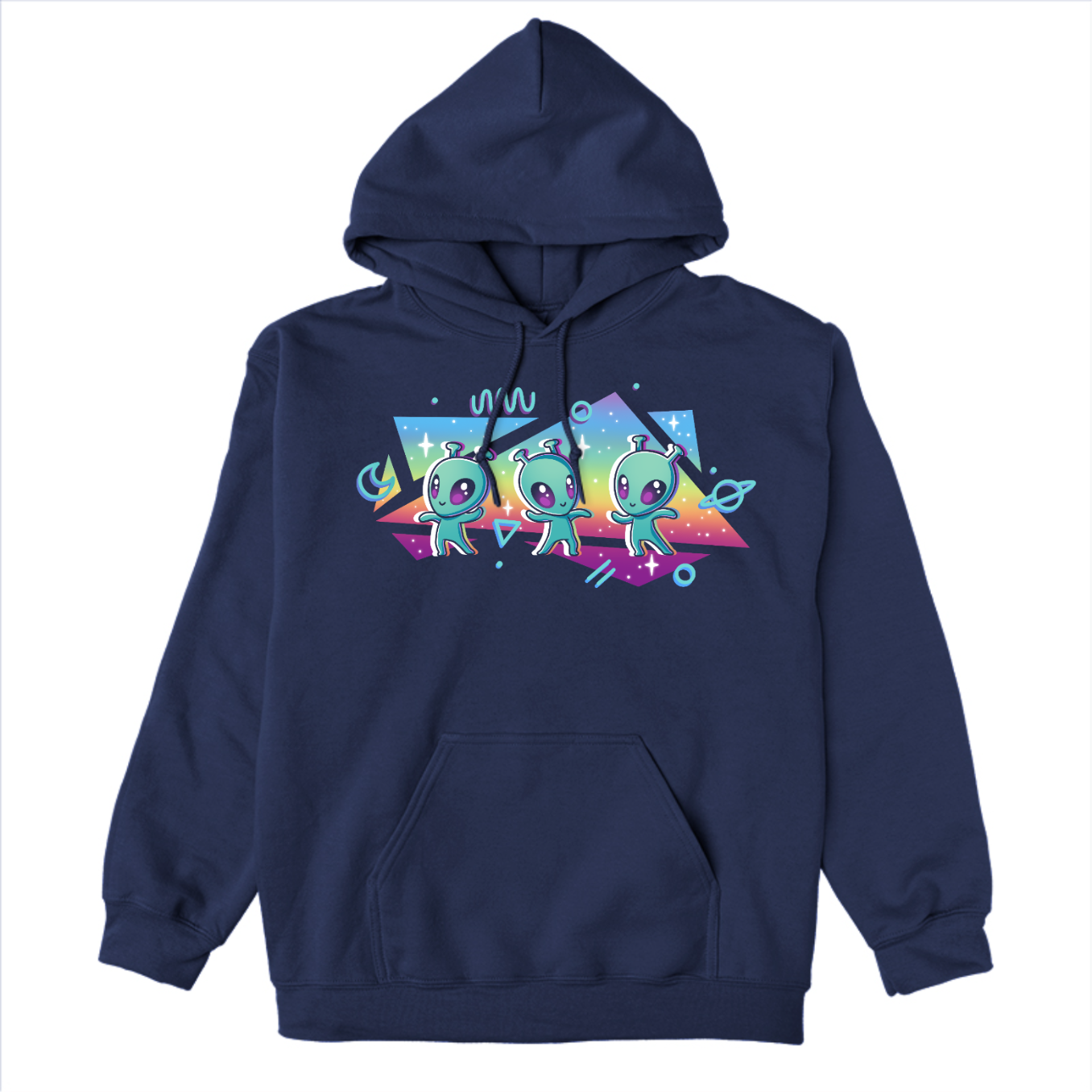 Pullover Hoodie_TeeTurtle navy "Interstellar Pride" Pullover Hoodie featuring three cut aliens dancing in front of geometric shapes filled with a rainbow gradient