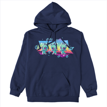 Pullover Hoodie_TeeTurtle navy "Interstellar Pride" Pullover Hoodie featuring three cut aliens dancing in front of geometric shapes filled with a rainbow gradient