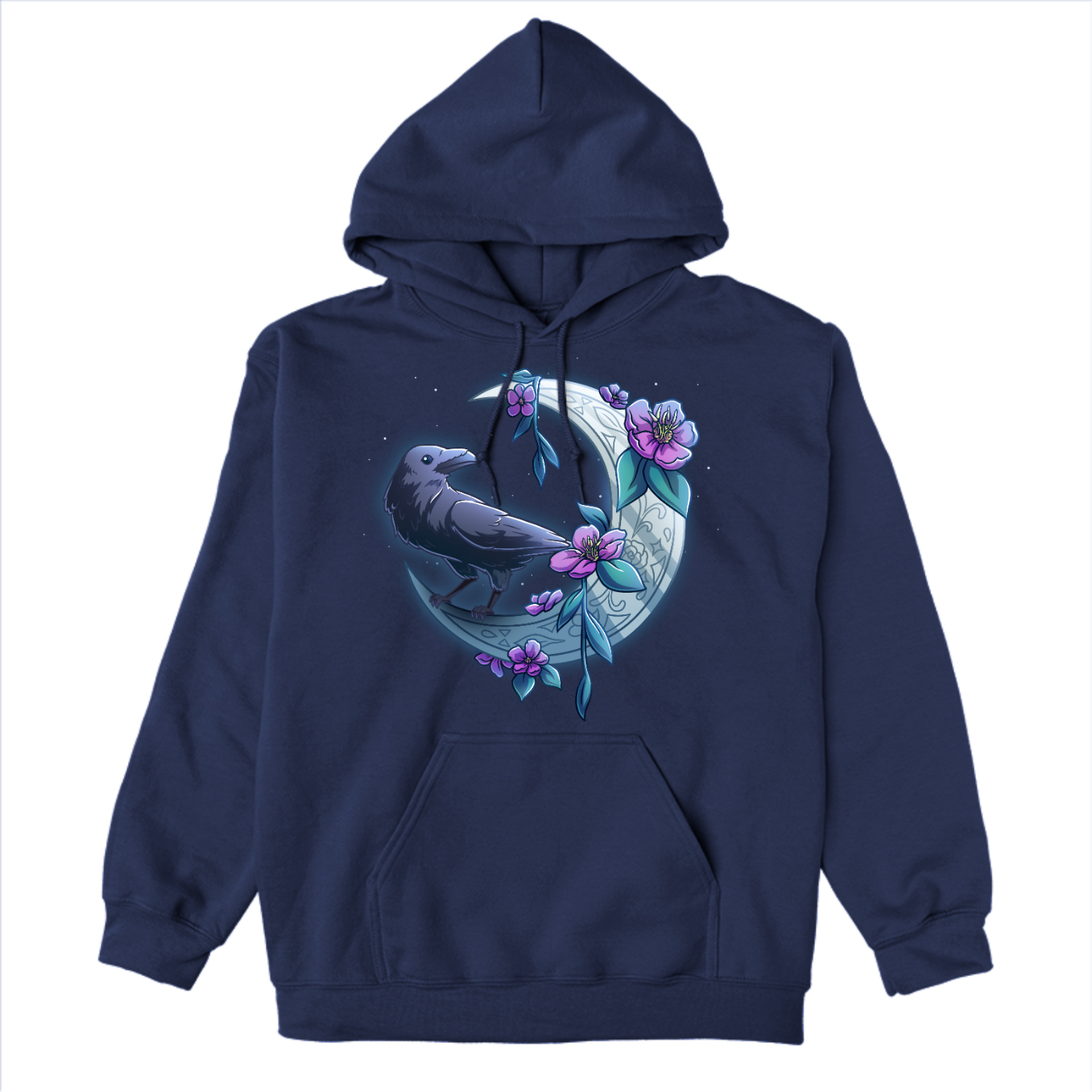 Pullover Hoodie_TeeTurtle  navy blue Midnight Perch Pullover Hoodie featuring a raven perched and glowing atop a fancy crescent moon with pink flowers and stars in the background