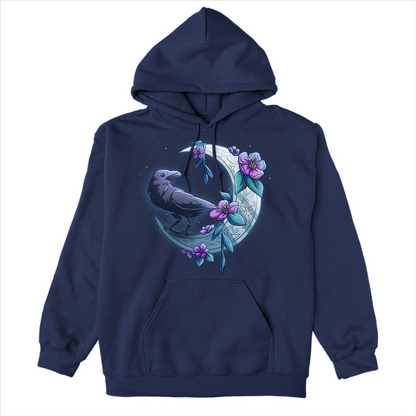 Pullover Hoodie_TeeTurtle  navy blue Midnight Perch Pullover Hoodie featuring a raven perched and glowing atop a fancy crescent moon with pink flowers and stars in the background