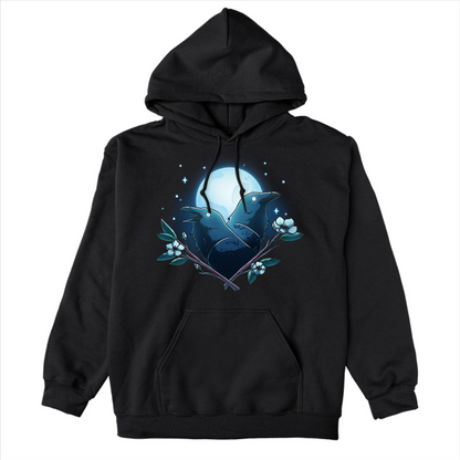 Pullover Hoodie_TeeTurtle black Caw-smic Connection Pullover Hoodie featuring two ravens, two floral branches and a glowing full moon in the background