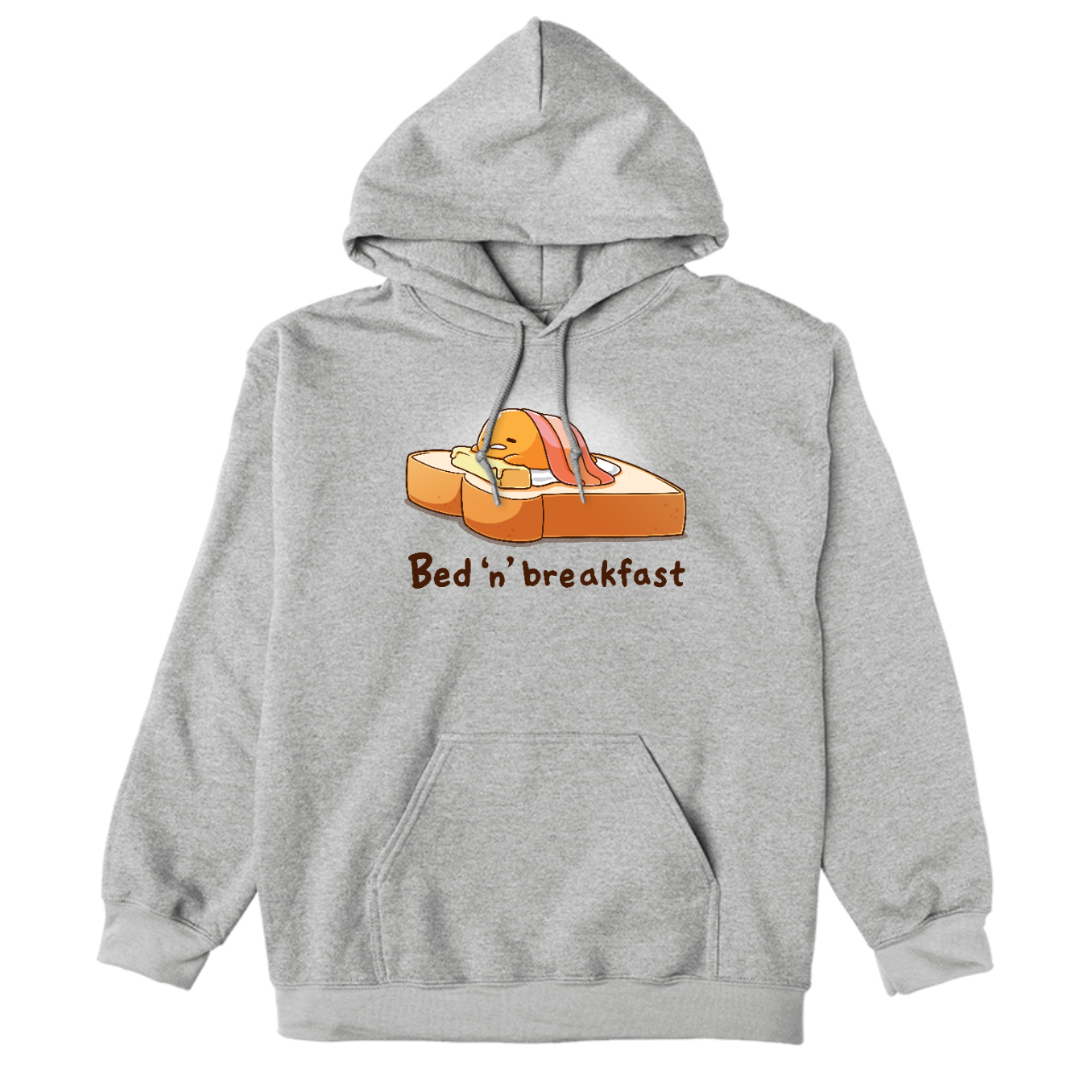 Pullover Hoodie_TeeTurtle heather gray Bed 'n' Breakfast (Gudetama) apparel featuring Gudetama using a piece of toast as a bed, a slice of butter as a pillow, and bacon as a blanket.