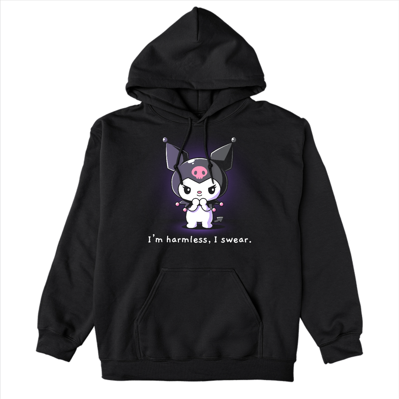 Pullover Hoodie_TeeTurtle black I'm Harmless, I Swear apparel featuring Kuromi with a mischievous expression and her paws clasped together underneath her chin with the bottom caption, “I'm Harmless, I Swear.“.