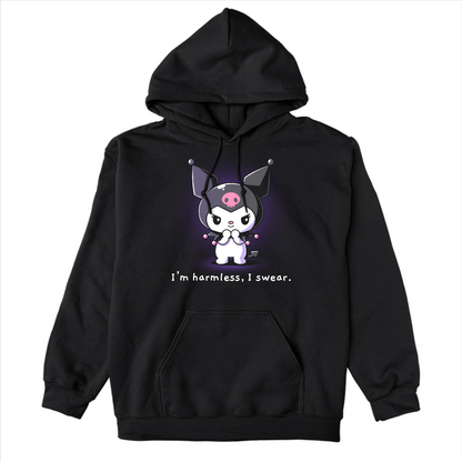 Pullover Hoodie_TeeTurtle black I'm Harmless, I Swear apparel featuring Kuromi with a mischievous expression and her paws clasped together underneath her chin with the bottom caption, “I'm Harmless, I Swear.“.