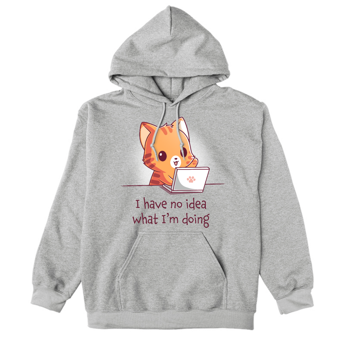 Pullover Hoodie_TeeTurtle light gray I Have No Idea What I'm Doing (Cat) Pullover Hoodie featuring a cheerful orange tabby cat sitting behind a laptop with one paw raised and the text "I have no idea what I'm doing."