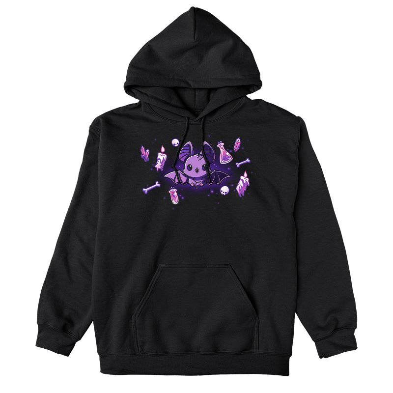 Pullover Hoodie_TeeTurtle Bat & Baubles black t-shirt featuring a bat surrounded by glowing candles, bones, potion bottles, skulls, and crystals.