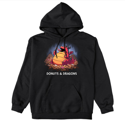 Pullover Hoodie_TeeTurtle black Donuts & Dragons apparel featuring a rotund dragon eating donuts on a pile of donuts inside a cave.