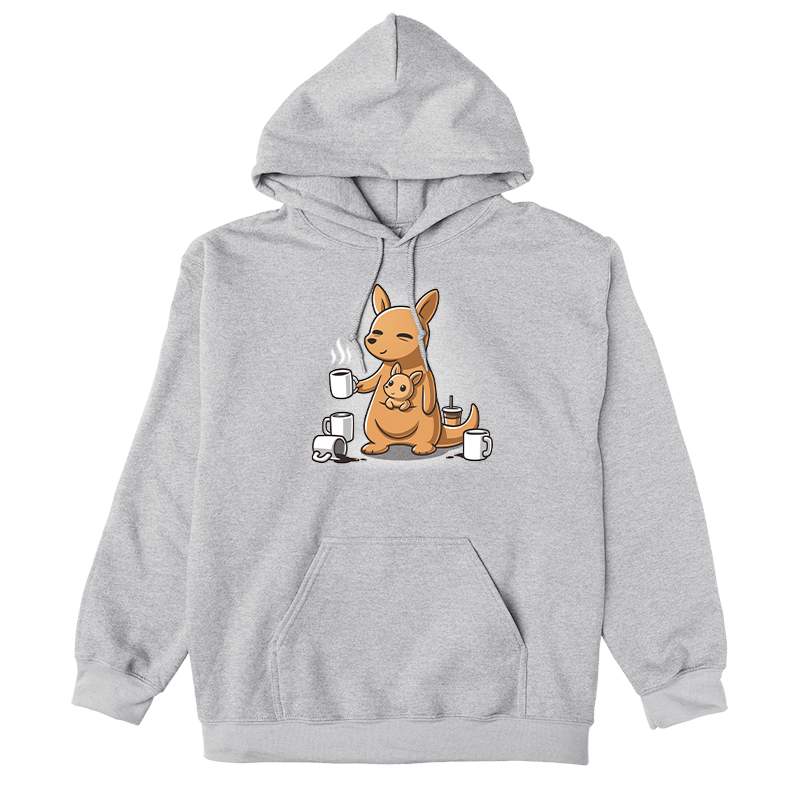 Pullover Hoodie_TeeTurtle heather gray Mom’s Morning Coffee apparel featuring a kangaroo with its joey in its pouch, wherein the parent kangaroo is holding a cup of coffee and is surrounded by empty coffee cups.