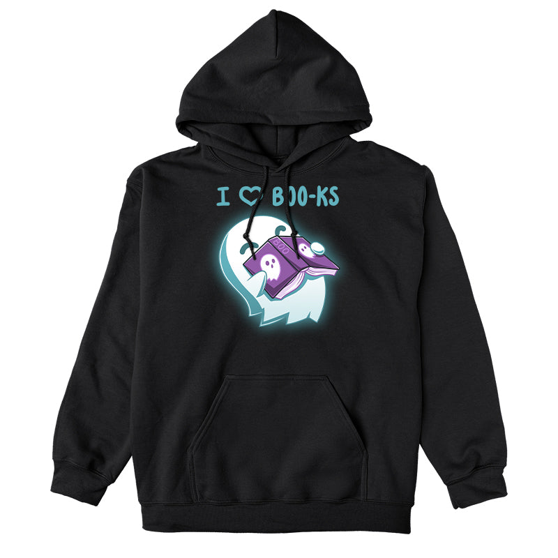 Pullover Hoodie_TeeTurtle black I Heart Boo-ks apparel featuring a happy ghost inhaling the scent of a book with the caption, "I <3 Boo-ks".