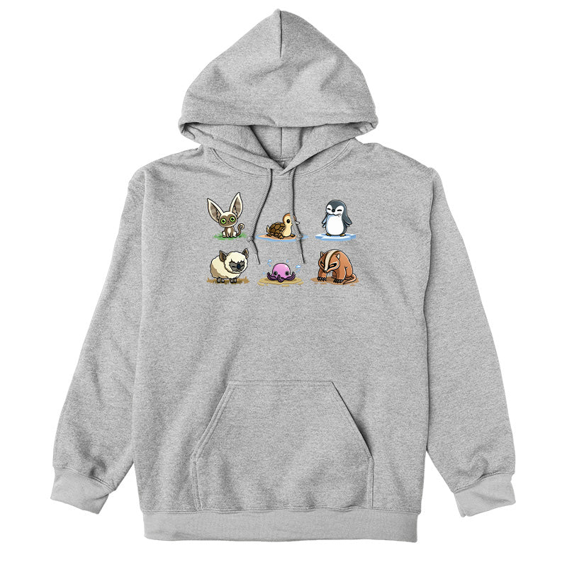 Pullover Hoodie_TeeTurtle heather gray Avatar Animal Friends apparel featuring Momo, turtle duck, otter penguin, koala sheep, purple pentapus, and badgermole in a grid.