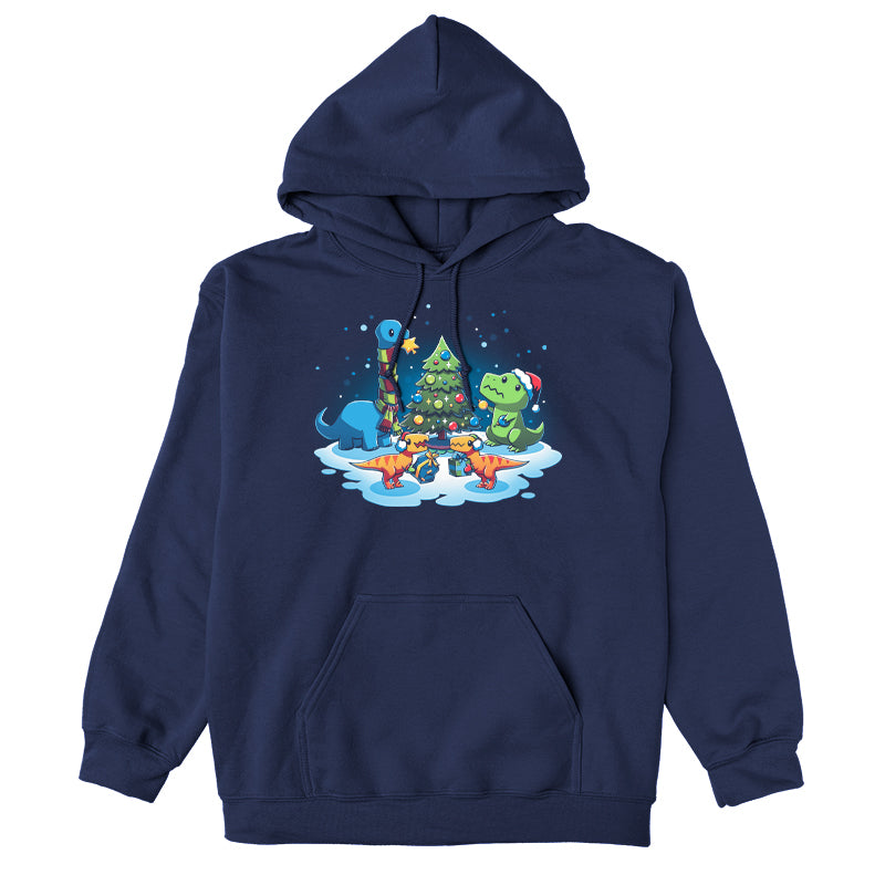 Pullover Hoodie_TeeTurtle A Very Dino Christmas navy blue design featuring dinosaurs celebrating around a decorated Christmas tree with snow on the ground and dinosaurs holding presents.