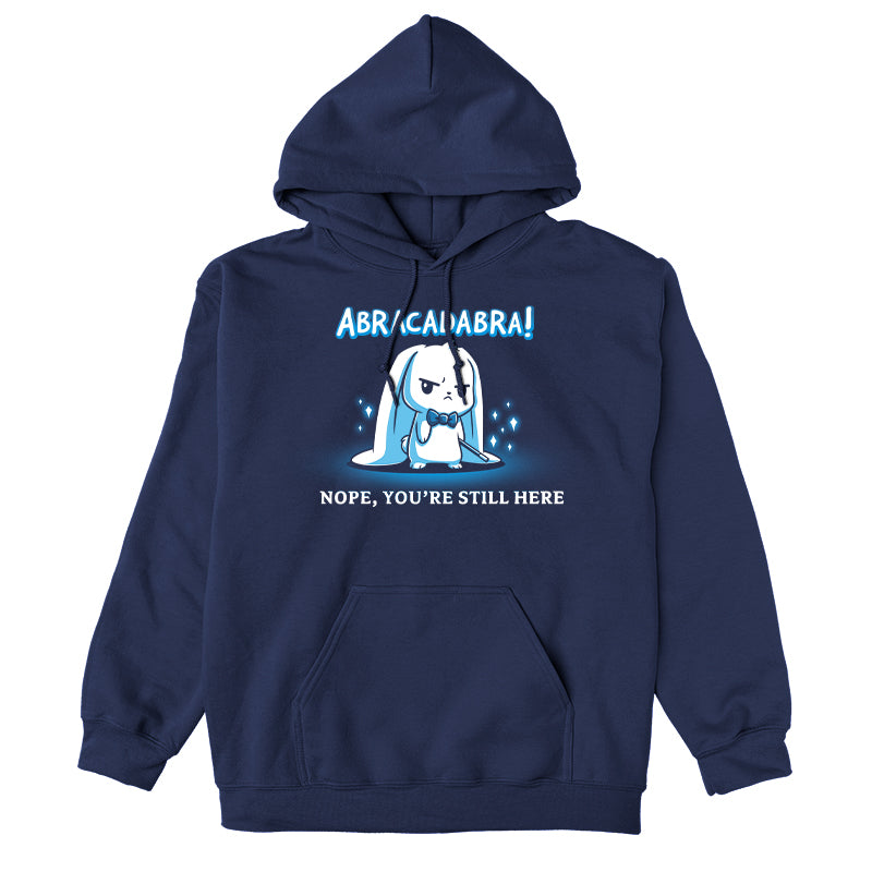 Pullover Hoodie_TeeTurtle Abracadabra navy blue t-shirt featuring a serious-looking white rabbit wearing a bow tie and holding a magic wand 