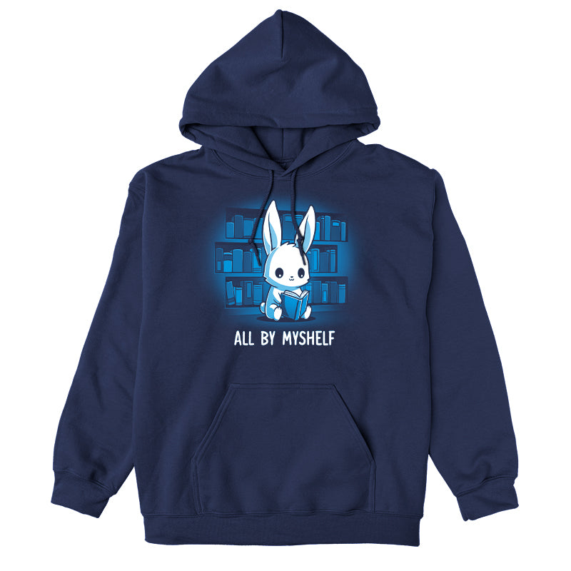 Pullover Hoodie_TeeTurtle All By MyShelf navy blue t-shirt featuring a cute white rabbit sitting in front of bookshelves, reading a book, with the text "All By MyShelf" written below.