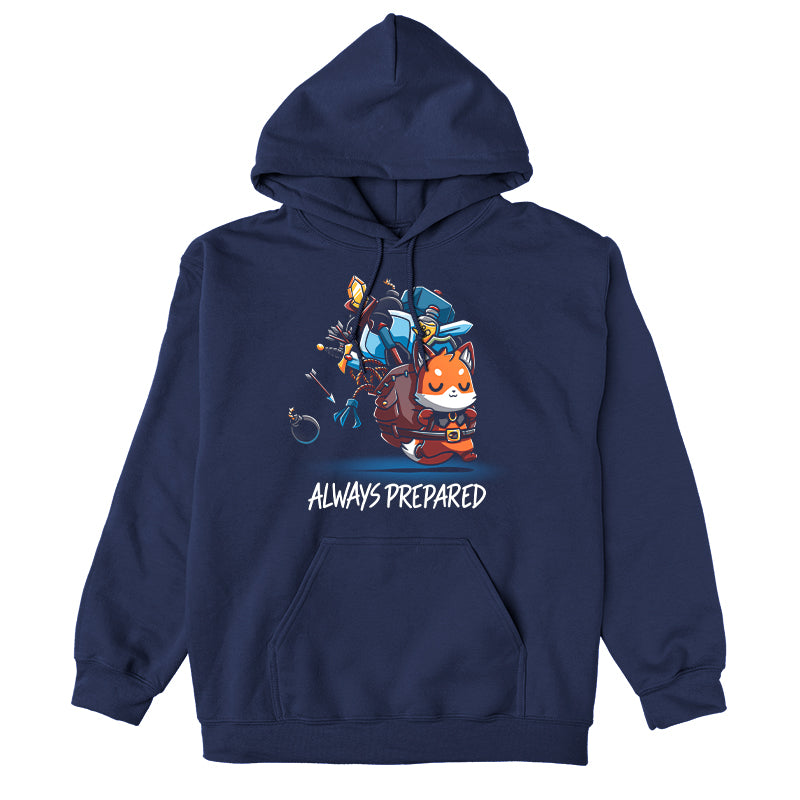 Pullover Hoodie_TeeTurtle Always Prepared navy blue t-shirt featuring a fantasy cartoon fox dressed as an adventurer carrying an oversized backpack filled with weapons and tools.