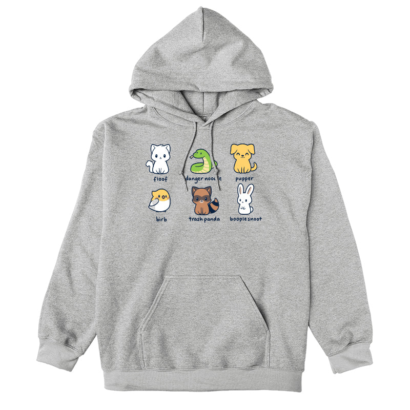 Pullover Hoodie_Illustration of six quirky animals labeled with playful names: floof (cat), danger noodle (snake), pupper (dog), birb (bird), trash panda (raccoon), and booplesnoot (rabbit) on a super soft ringspun cotton Animal Names apparel by monsterdigital.