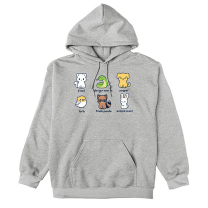 Pullover Hoodie_Illustration of six quirky animals labeled with playful names: floof (cat), danger noodle (snake), pupper (dog), birb (bird), trash panda (raccoon), and booplesnoot (rabbit) on a super soft ringspun cotton Animal Names apparel by monsterdigital.