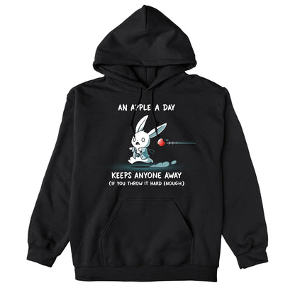 Pullover Hoodie_TeeTurtle An Apple A Day Keeps Anyone Away black t-shirt featuring a rabbit, dressed in a doctor uniform, running away from a flying apple. Text above reads, "an apple a day keeps anyone away," and below, "(if you throw it hard enough)."