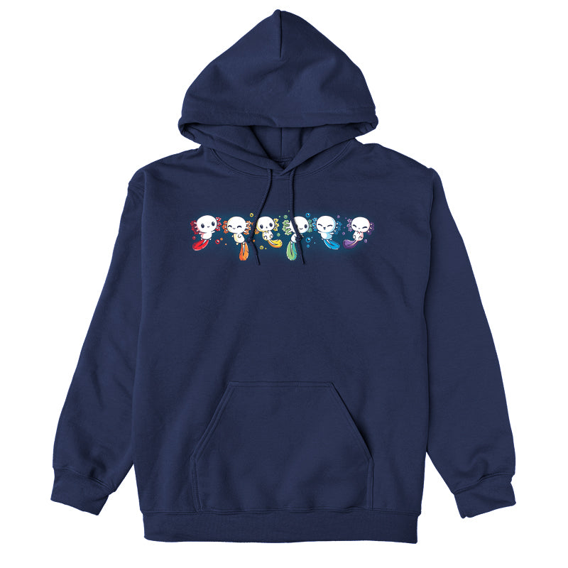 Pullover Hoodie_TeeTurtle navy blue Axolotl Rainbow. Featuring a row of white axolotls with fins in a rainbow-colored sequence.