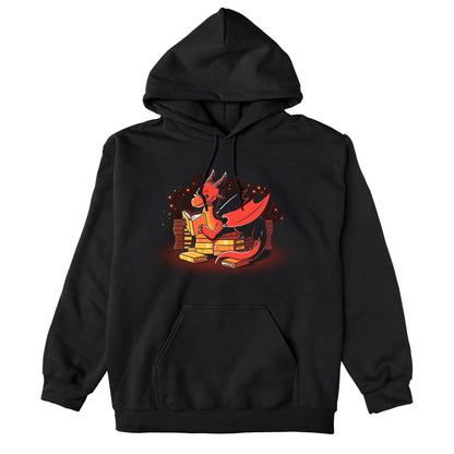 Pullover Hoodie_TeeTurtle Book Hoarder black design featuring a red dragon with horns and wings, reading a book while sitting among piles of books against a dark background with glowing embers.