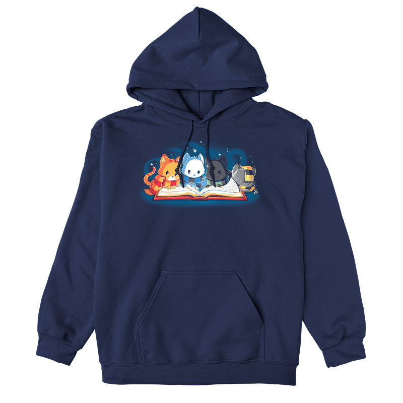 Pullover Hoodie_TeeTurtle navy blue Books Are Magic. Featuring a cat with a red and yellow scarf, a cat with a blue and black scarf, a cat with a green and black scarf, and a cat with a yellow and black scarf reading the same book together.