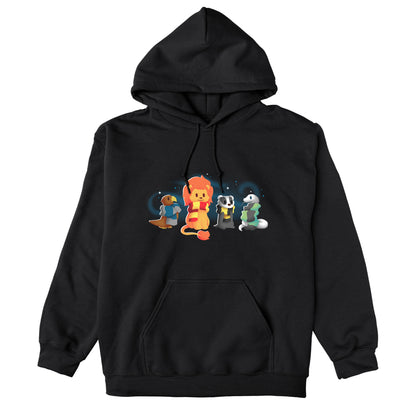 Pullover Hoodie_TeeTurtle Brave, Loyal, Wise & Cunning black design featuring a fantasy bird, lion, badger and snake all wrapped in various striped scarves and surrounded by swirls of magic.