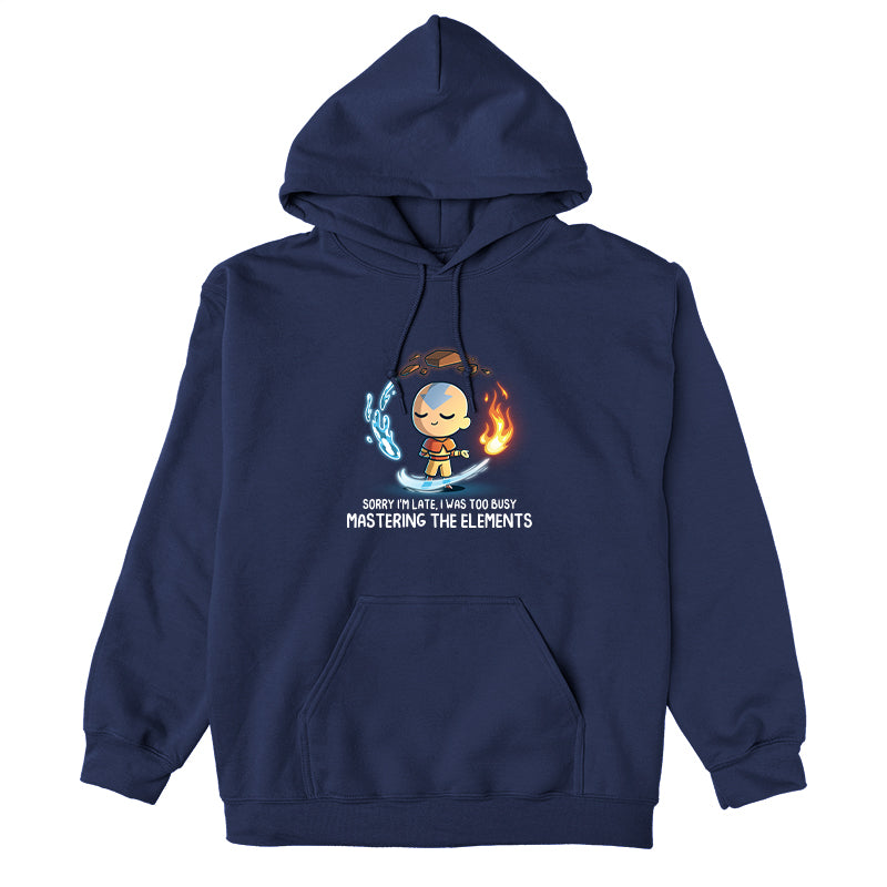 Pullover Hoodie_TeeTurtle navy blue Busy Mastering The Elements apparel featuring Aang from Avatar: The Last Airbender surrounded by levitating water, earth, fire, and air.