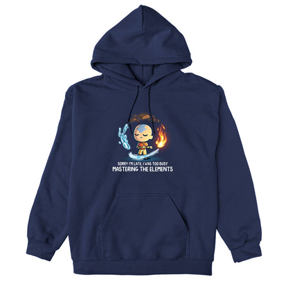 Pullover Hoodie_TeeTurtle navy blue Busy Mastering The Elements apparel featuring Aang from Avatar: The Last Airbender surrounded by levitating water, earth, fire, and air.