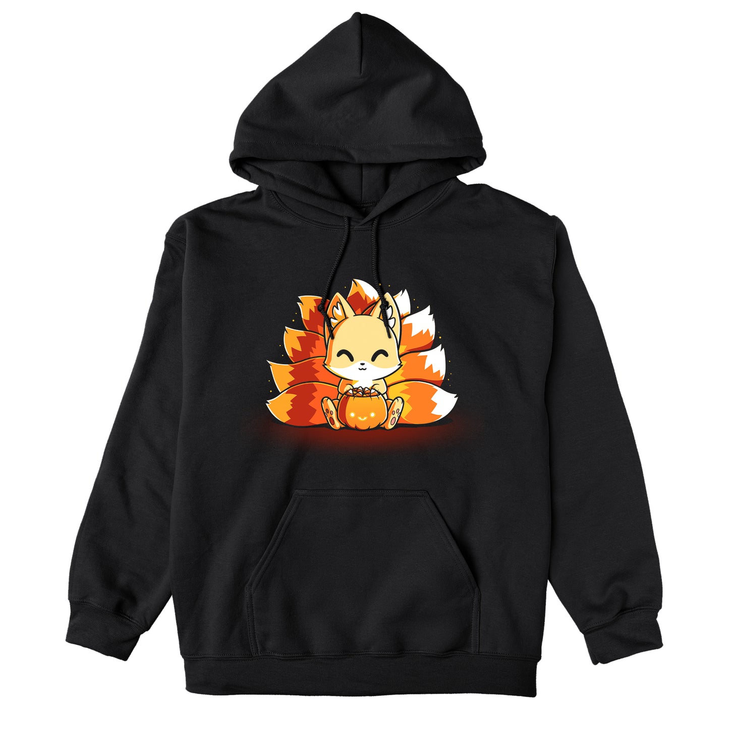 Pullover Hoodie_TeeTurtle Candy Corn Kitsune black t-shirt featuring a happy kitsune holding a Halloween jack-o-lantern full of candy corn.