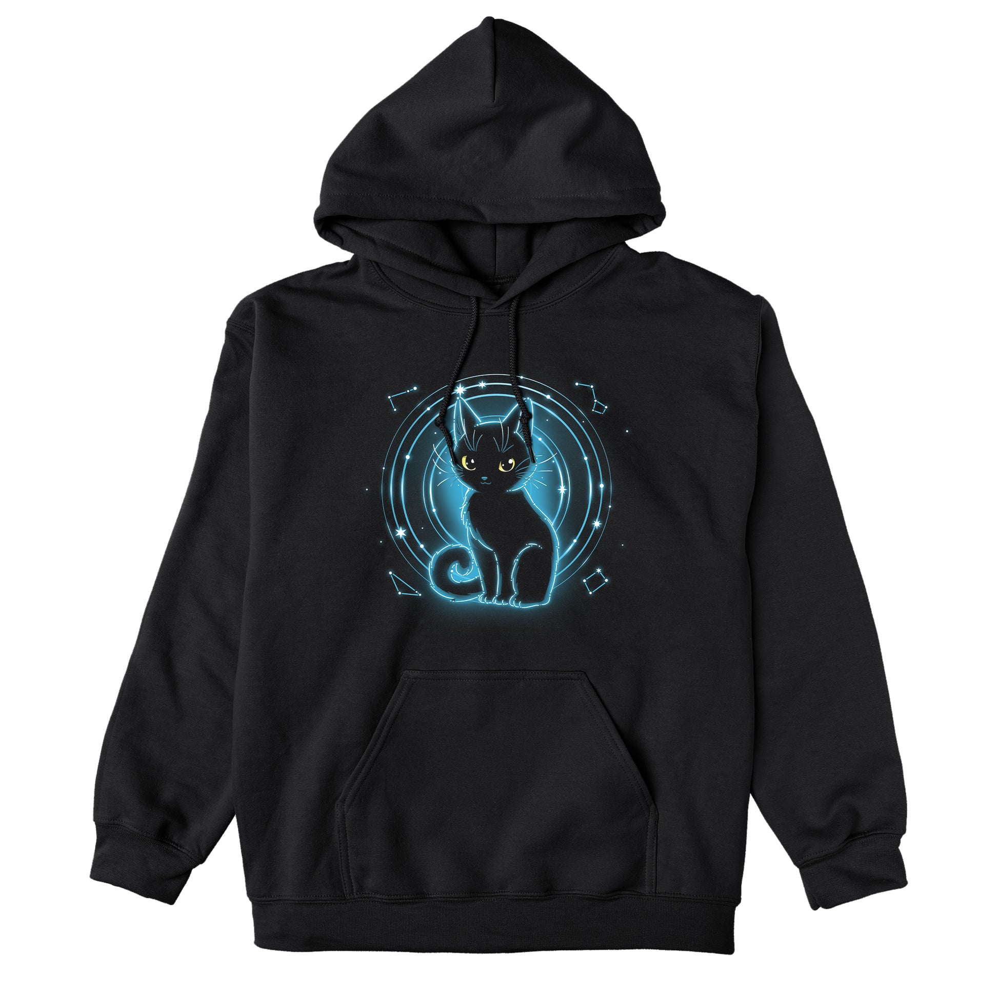 Pullover Hoodie_TeeTurtle Celestial Cat black design featuring a celestial cat in front of a starry background.