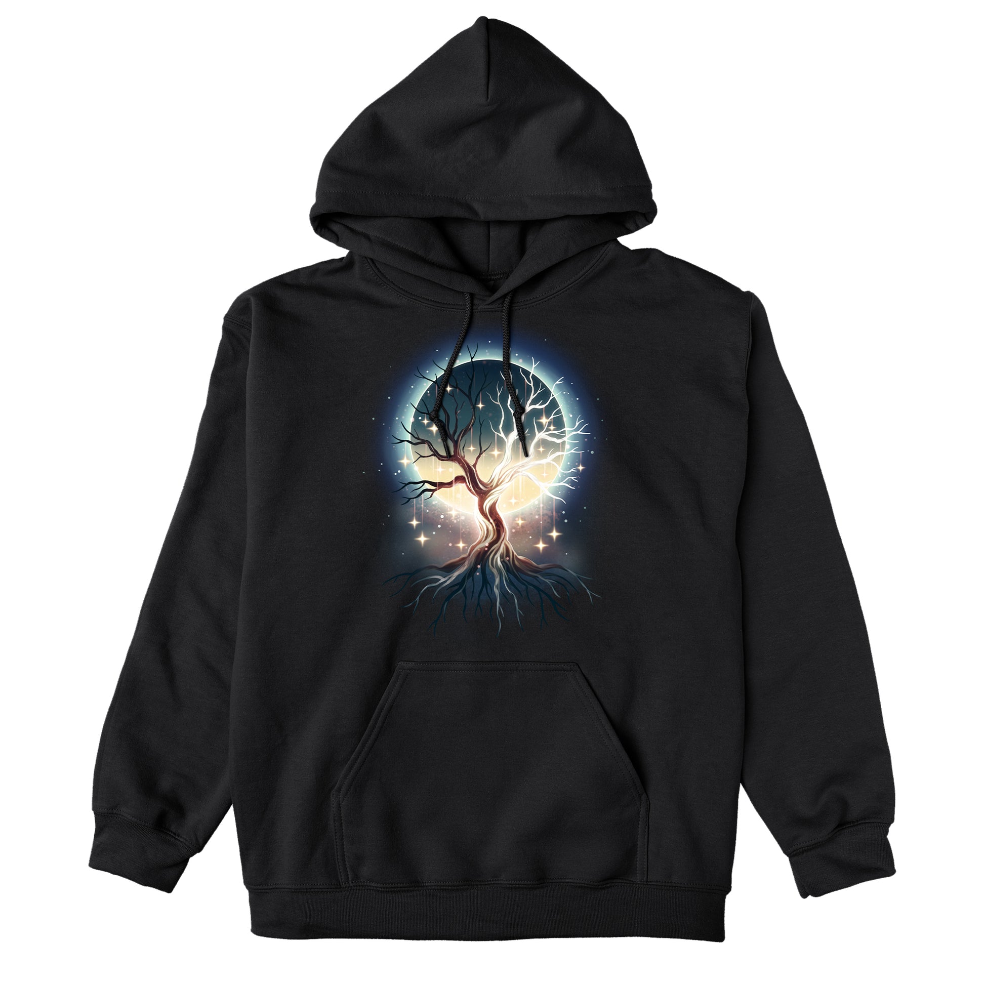 Pullover Hoodie_TeeTurtle black Celestial Tree hoodie featuring a floating tree with roots exposed with stars hanging from its branches and a full moon that can be seen in the background through the tree’s branches.