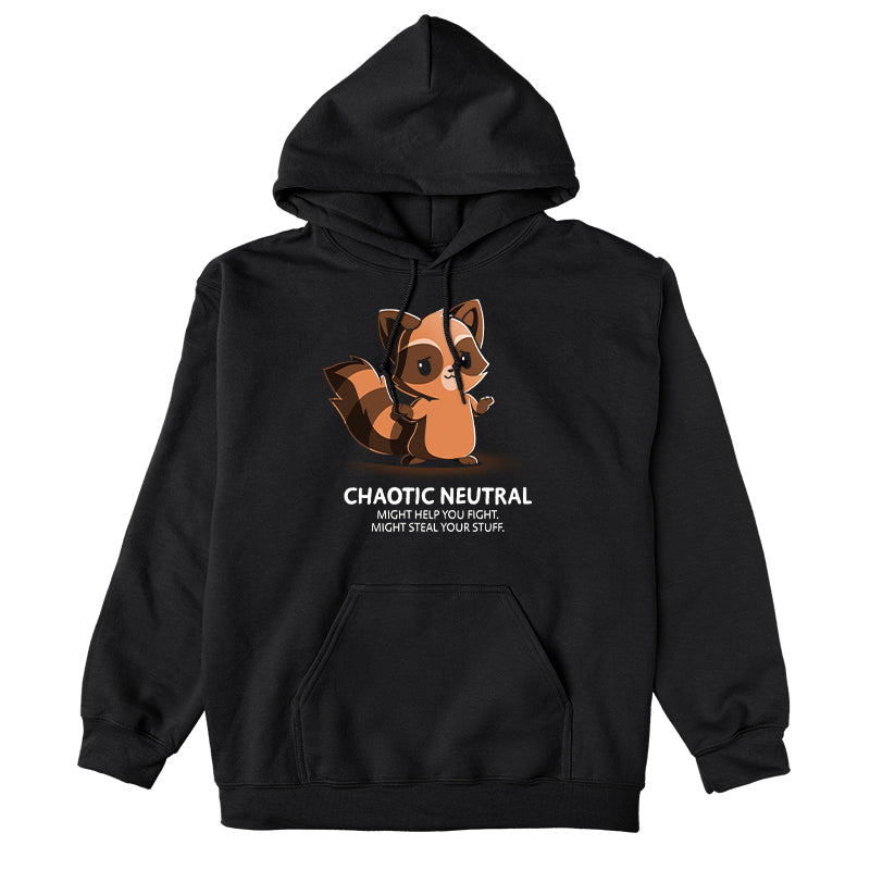 Pullover Hoodie_TeeTurtle chaotic-neutral black t-shirt featuring an illustration of a raccoon with a caption "Chaotic Neutral. Might help you fight. Might steal your stuff." The raccoon has a smug expression and stands against a dark background Chaotic Neutral