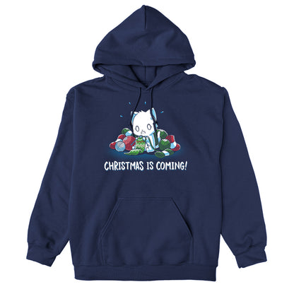 Pullover Hoodie_TeeTurtle Christmas is Coming! navy blue design featuring an anxious cat that is crafting gifts for Christmas