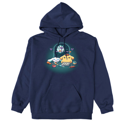 Pullover Hoodie_TeeTurtle navy blue Cinnamoroll and Pompompurin's Halloween Baking apparel featuring Cinnamoroll and Pompompurin baking ghost cookies with pumpkins and Halloween hanging decoration in the back on top of the window that looks out to the full moon and stars.