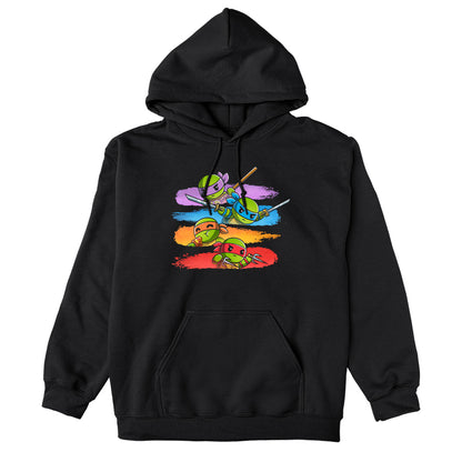 Pullover Hoodie_TeeTurtle black Colorful Teenage Mutant Ninja Turtles apparel featuring Donatello, Leonardo, and Raphael wielding their respective weapons, and Michelangelo eating pizza with individual backgrounds of color-coordinated brush strokes.