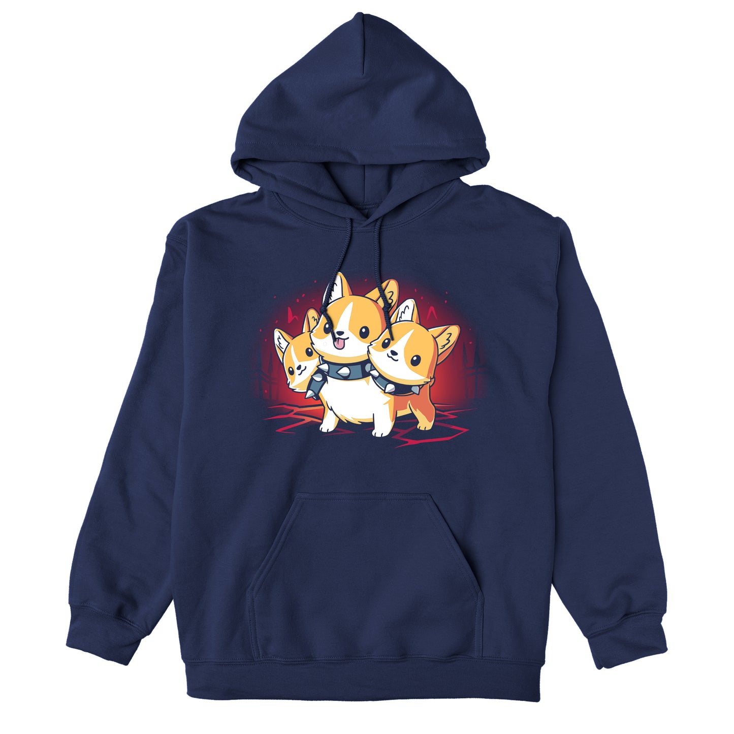 Pullover Hoodie_TeeTurtle navy blue Corgi Cerberus. Featuring a corgi wearing a spiked collar with three heads.