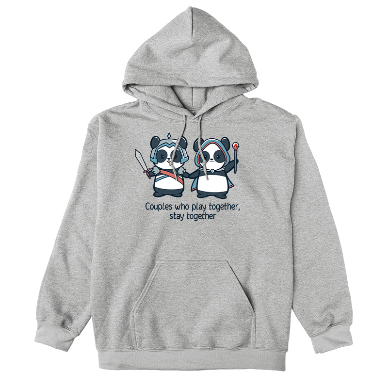 Pullover Hoodie_TeeTurtle heather gray Couples Who Play Together Stay Together. Featuring a panda couple in fantasy outfits that stays together since they play together.