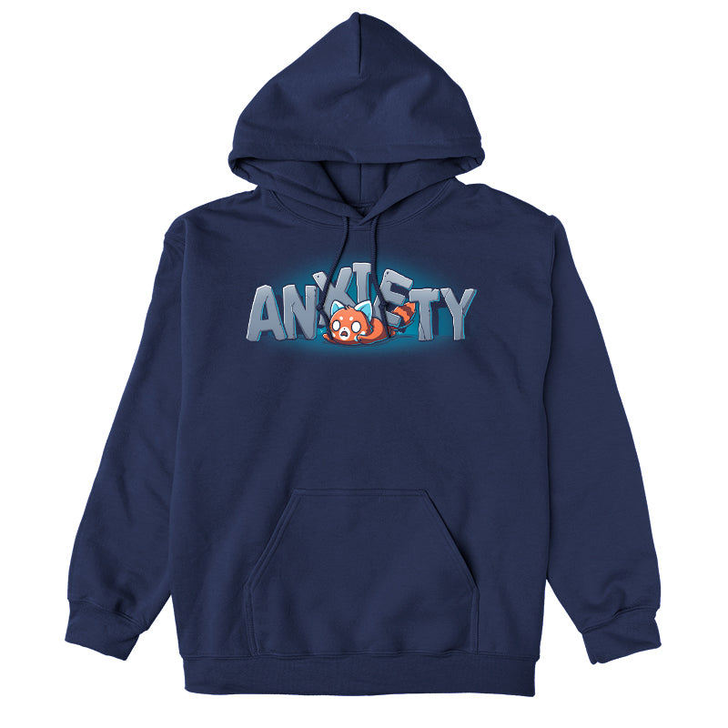 Pullover Hoodie_TeeTurtle Crushing Anxiety navy blue design featuring an anxious red panda being squished under giant letters made of stone that spell "Anxiety" on top of his body. 