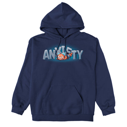 Pullover Hoodie_TeeTurtle Crushing Anxiety navy blue design featuring an anxious red panda being squished under giant letters made of stone that spell "Anxiety" on top of his body. 