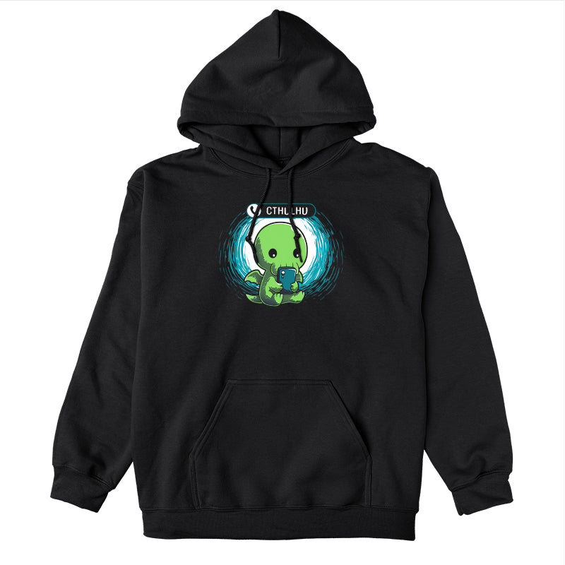 Pullover Hoodie_TeeTurtle Cthulhu Calling black design featuring a Cthulhu holding a smartphone and looking at the screen with an incoming call notification displaying "Cthulhu" at the top.