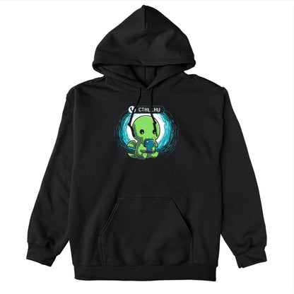 Pullover Hoodie_TeeTurtle Cthulhu Calling black design featuring a Cthulhu holding a smartphone and looking at the screen with an incoming call notification displaying "Cthulhu" at the top.