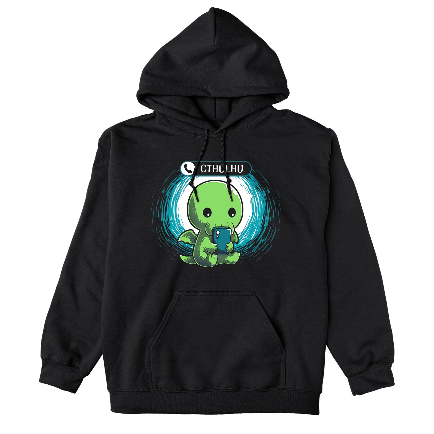 Pullover Hoodie_TeeTurtle Cthulhu Calling black design featuring a Cthulhu holding a smartphone and looking at the screen with an incoming call notification displaying "Cthulhu" at the top.