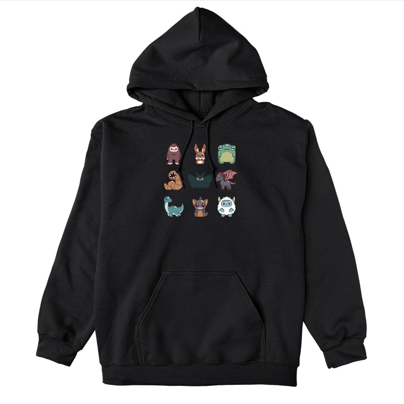 Pullover Hoodie_TeeTurtle Cute Cryptids black design featuring a grid of cute cryptids, featuring a bigfoot, bunny, frog, worm, moth, winged goat, aquatic dinosaur, bat, and yeti.