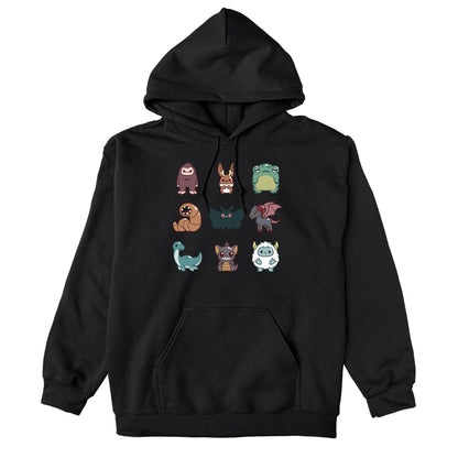 Pullover Hoodie_TeeTurtle Cute Cryptids black design featuring a grid of cute cryptids, featuring a bigfoot, bunny, frog, worm, moth, winged goat, aquatic dinosaur, bat, and yeti.