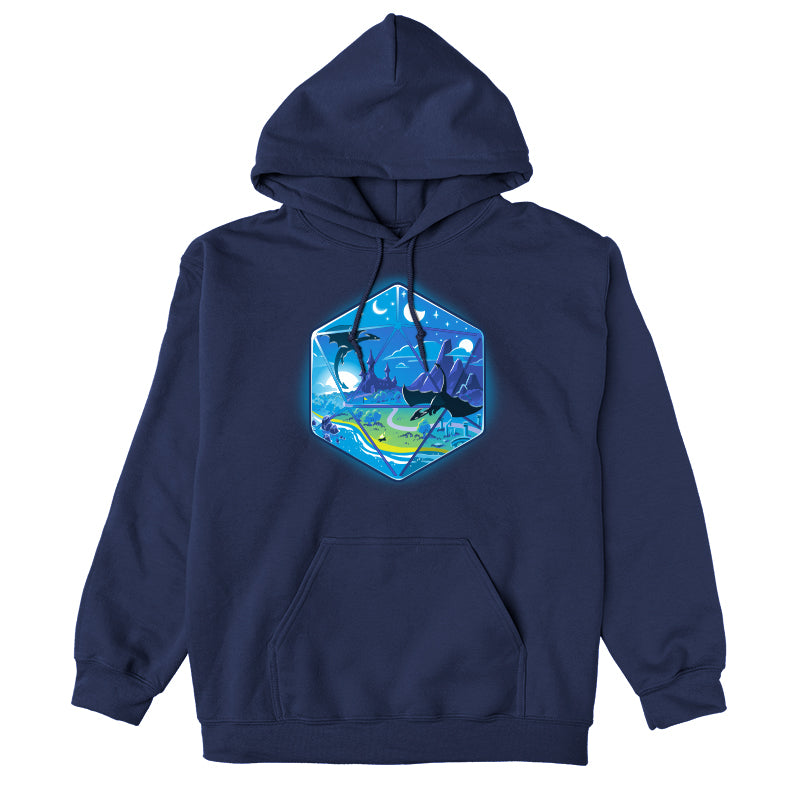 Pullover Hoodie_Illustration of a fantasy world within a hexagonal frame, featuring flying dragons, a castle, mountains, a river, and both the sun and moon in the sky. Perfect for your monsterdigital D20 Landscape apparel collection in super soft ringspun cotton.